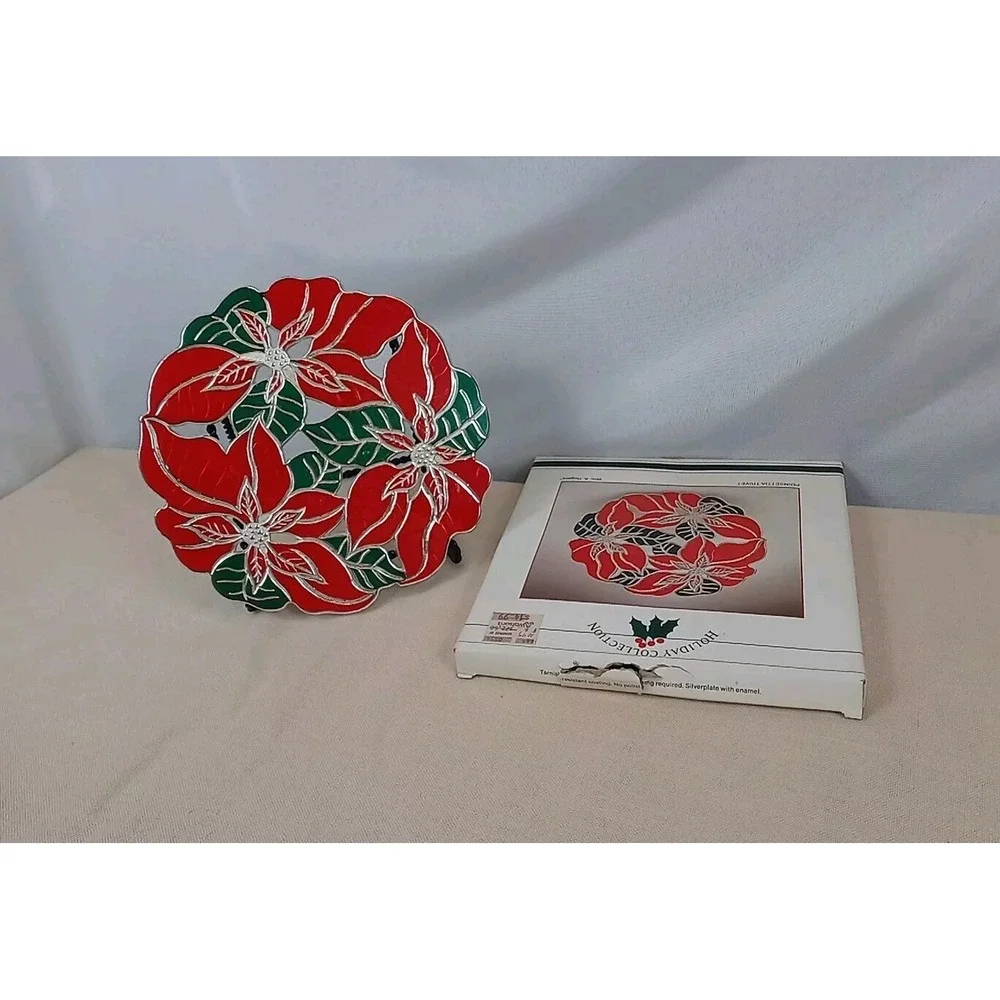 Vintage Wm A Rogers Poinsettia Trivet Silverplate & Enamel 1986 Christmas Trivet